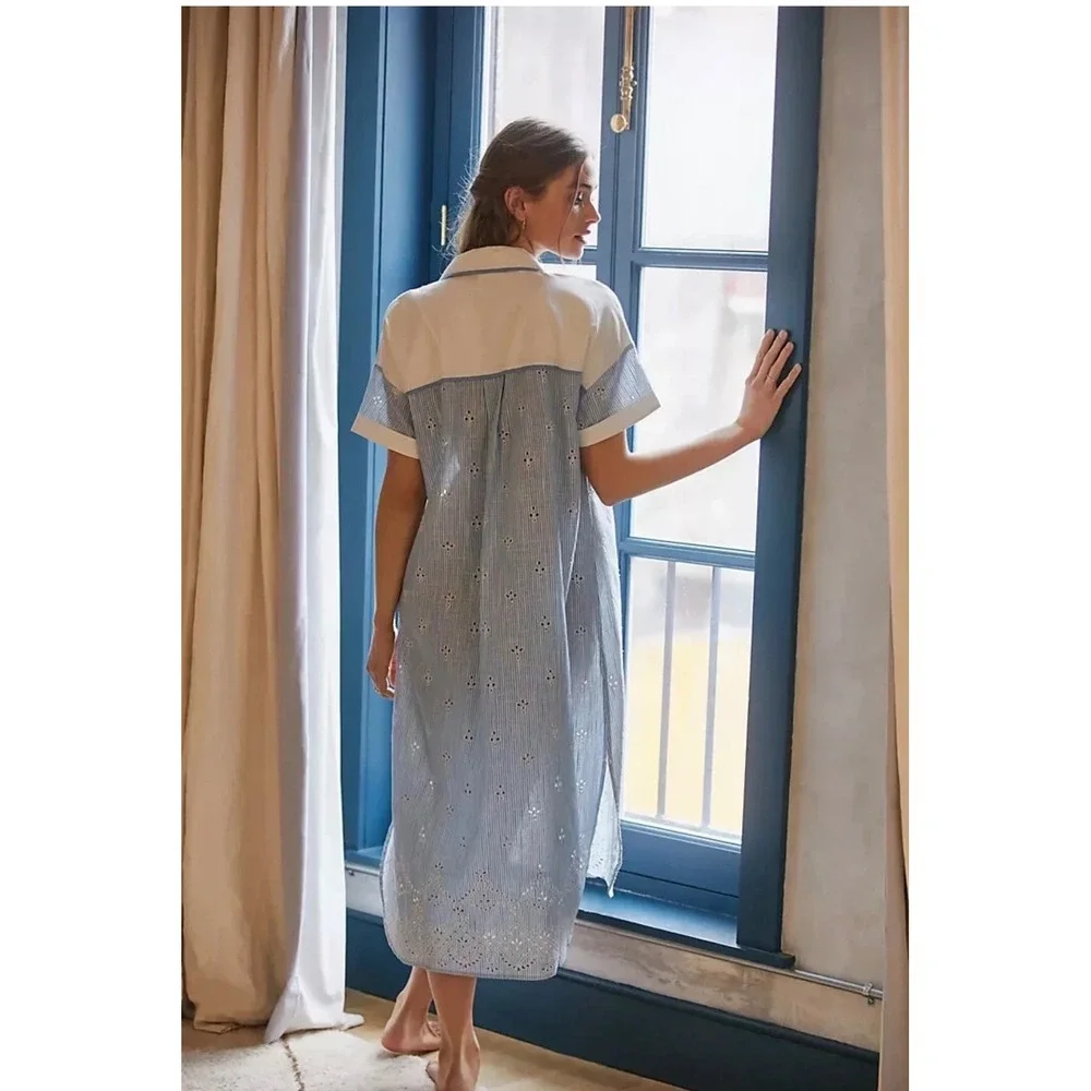 Anthropologie Eyelet Striped Midi Shirtdress Women L Blue White Coastal Cottage